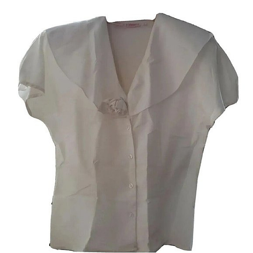 Vtg 80s Ivory Short Sleeve Button Blouse Top Size 6 Tess Women Victorian Blouse